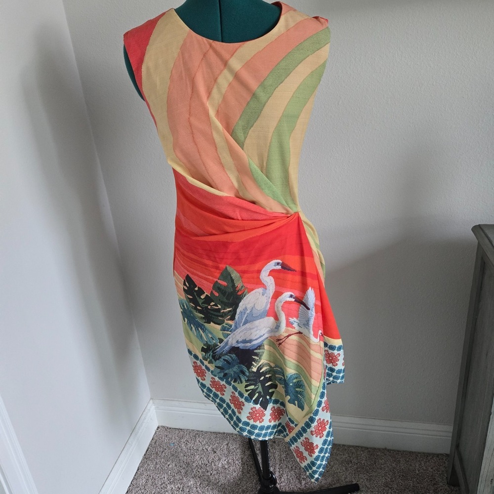 Eva Franco Scarf Dress Womens 2P Orange Stork Print Draped Lined Wearable Art